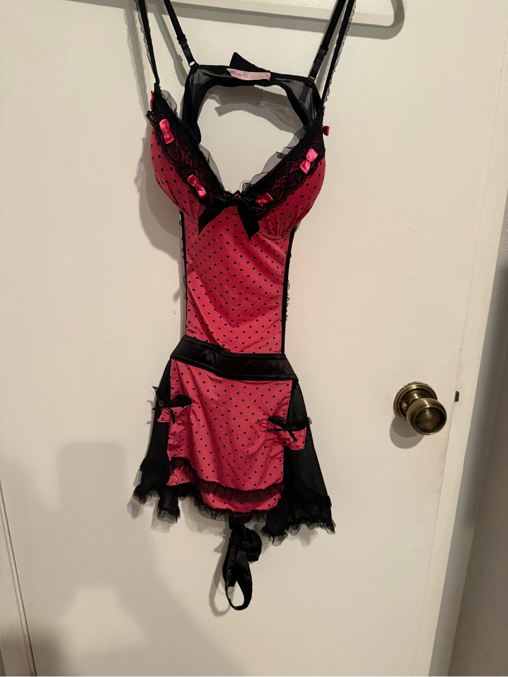 Pink and Black Polka Dot Lace Chemise with Bow Detail